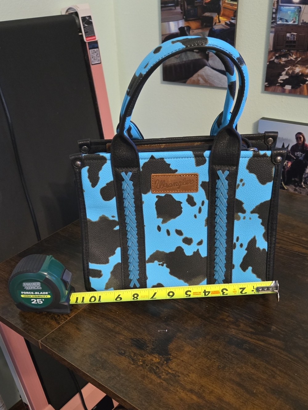 Wrangler Bright Blue & Black Cowhide-Print Satchel with Braided Trim